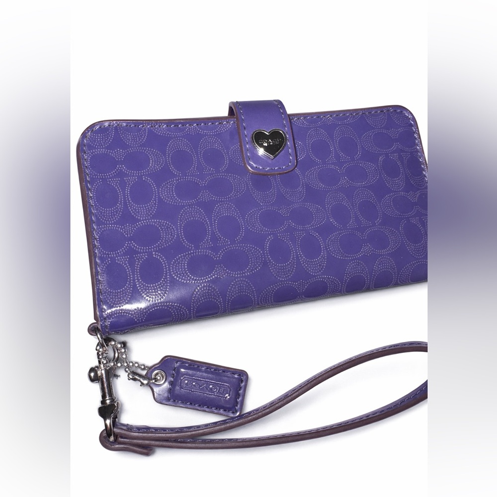Coach Purple Patent Wallet Phone Holder with Heart Snap